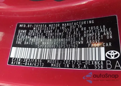 2016 Toyota Corolla Le from USA, damaged, VIN 5YFBURHE7GP512162